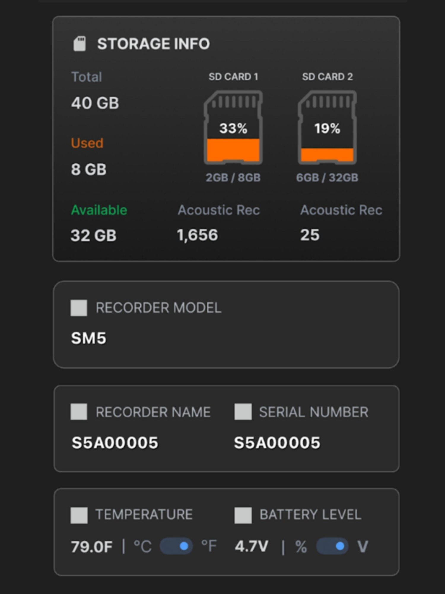 Song Meter Configurator app screenshot showing remaining storage, battery level, and the temperature.